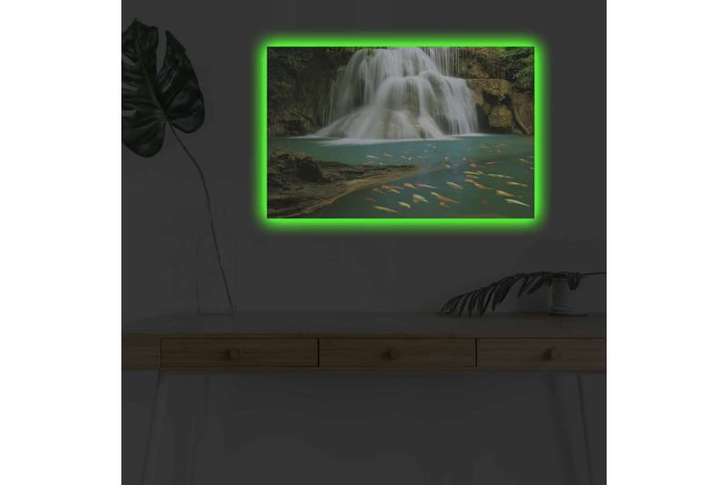 Canvastavla med LED-belysning - Vacker vattenfall med simmande karpar i klart vatten - Turkos / Grön / Orange - Inredning - Tavlor & konst - Canvastavlor