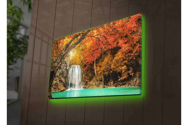 Canvastavla med LED-belysning - Vacker vattenfall omgiven av höstfärgade träd - Orange / Grön / Brun - Inredning - Tavlor & konst - Canvastavlor