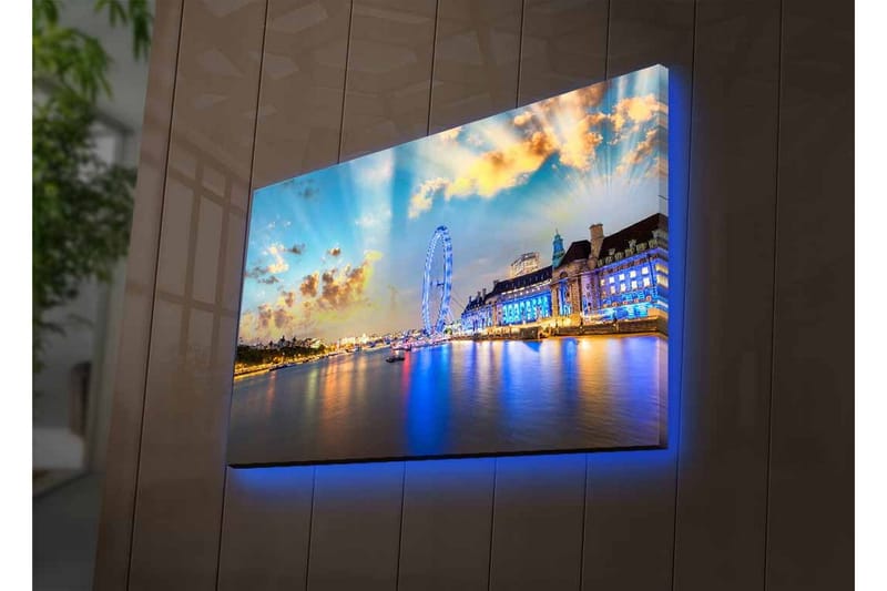 Canvastavla med LED-belysning - Vacker vy över en stad vid vattnet med ett stort pariserhjul och färgglada byggnader - Blå / Gul / Vit - Inredning - Tavlor & konst - Canvastavlor