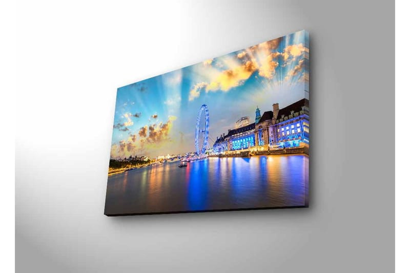 Canvastavla med LED-belysning - Vacker vy över en stad vid vattnet med ett stort pariserhjul och färgglada byggnader - Blå / Gul / Vit - Inredning - Tavlor & konst - Canvastavlor