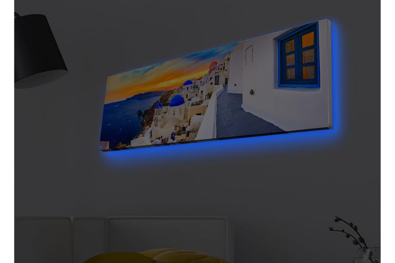 Canvastavla med LED-belysning - Vacker vy över vita hus med blå kupoler mot havet och en färgsprakande solnedgång - Blå / Vit / Orange - Inredning - Tavlor & konst - Canvastavlor