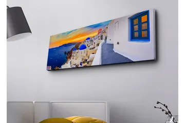Canvastavla med LED-belysning - Vacker vy över vita hus med blå kupoler mot havet och en färgsprakande solnedgång - Blå / Vit / Orange - Inredning - Tavlor & konst - Canvastavlor