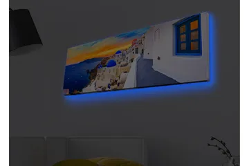 Canvastavla med LED-belysning - Vacker vy över vita hus med blå kupoler mot havet och en färgsprakande solnedgång - Blå / Vit / Orange - Inredning - Tavlor & konst - Canvastavlor