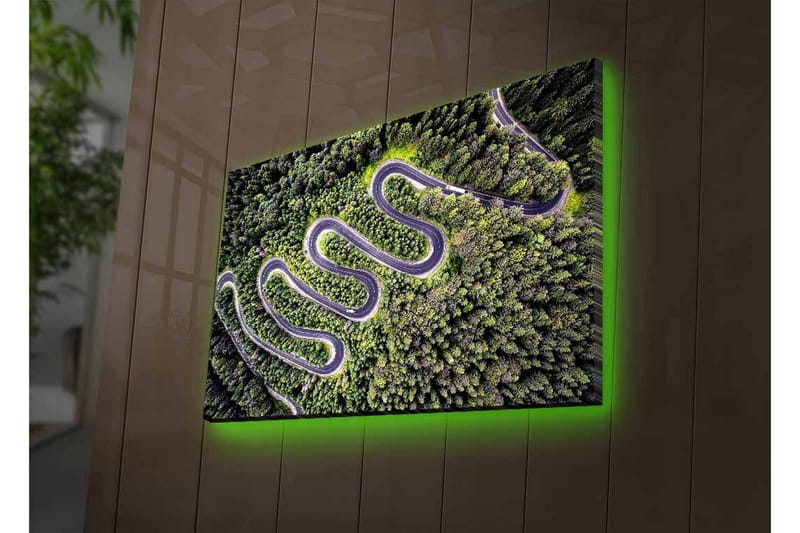 Canvastavla med LED-belysning - Vacker vy av en slingrande väg genom tät grönskande skog - Grön / Grå / Svart - Inredning - Tavlor & konst - Canvastavlor