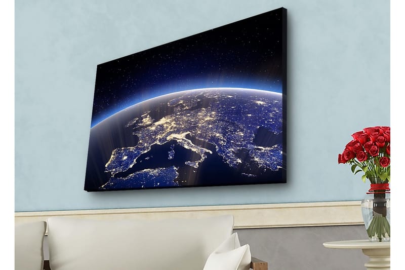 Canvastavla med LED-belysning - Vacker vy av jorden med Europa belyst av stjärnor och stadsljus, Mörkblå / Ljusblå / Vit