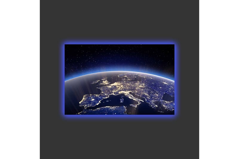 Canvastavla med LED-belysning - Vacker vy av jorden med Europa belyst av stjärnor och stadsljus - Mörkblå / Ljusblå / Vit - Inredning - Tavlor & konst - Canvastavlor