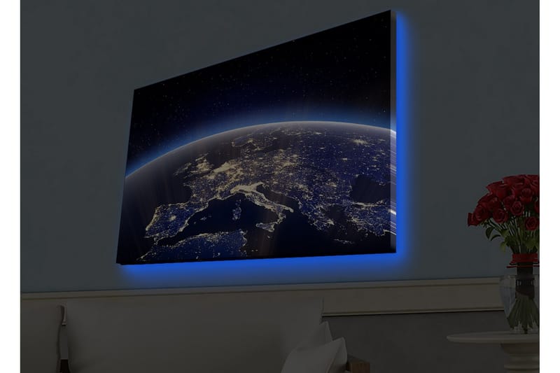 Canvastavla med LED-belysning - Vacker vy av jorden med Europa belyst av stjärnor och stadsljus - Mörkblå / Ljusblå / Vit - Inredning - Tavlor & konst - Canvastavlor