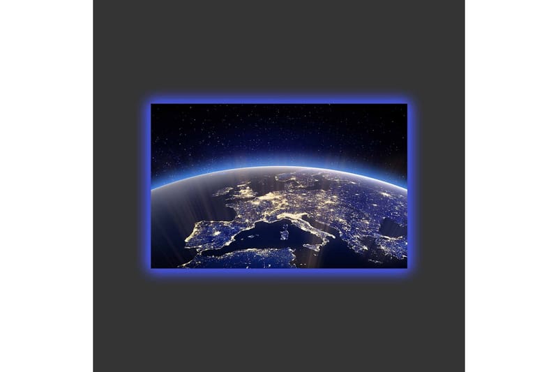 Canvastavla med LED-belysning - Vacker vy av jorden med Europa belyst av stjärnor och stadsljus - Mörkblå / Ljusblå / Vit - Inredning - Tavlor & konst - Canvastavlor