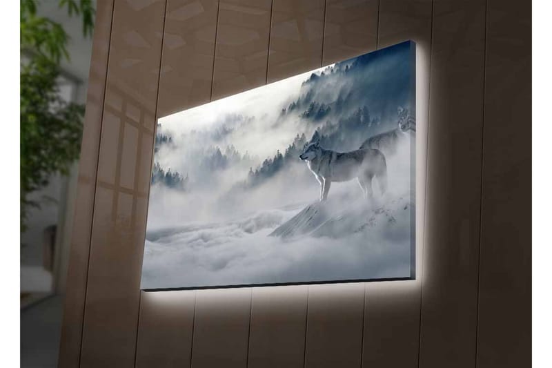 Canvastavla med LED-belysning - Varg i dimmig skogsmiljö - Grå / Blå / Vit - Inredning - Tavlor & konst - Canvastavlor