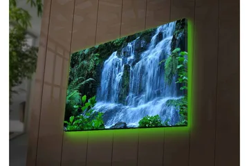Canvastavla med LED-belysning - Vattenfall omgiven av frodig grönska - Grön / Blå / Vit - Inredning - Tavlor & konst - Canvastavlor