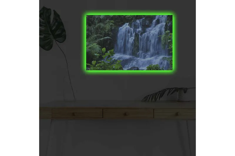 Canvastavla med LED-belysning - Vattenfall omgiven av frodig grönska - Grön / Blå / Vit - Inredning - Tavlor & konst - Canvastavlor