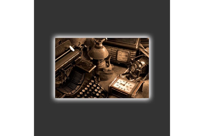 Canvastavla med LED-belysning - Vintage skrivmaskin och gamla föremål i en nostalgisk komposition - Brun / Svart / Beige - Inredning - Tavlor & konst - Canvastavlor