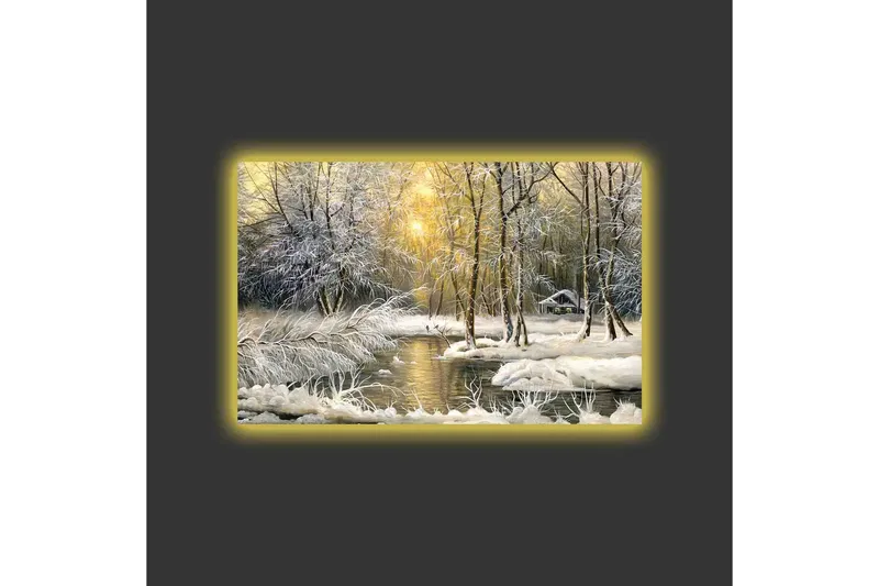 Canvastavla med LED-belysning - Vinterlandskap med snöklädda träd och en stilla å - Vit / Ljusblå / Grön - Inredning - Tavlor & konst - Canvastavlor