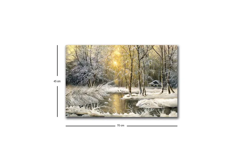 Canvastavla med LED-belysning - Vinterlandskap med snöklädda träd och en stilla å - Vit / Ljusblå / Grön - Inredning - Tavlor & konst - Canvastavlor