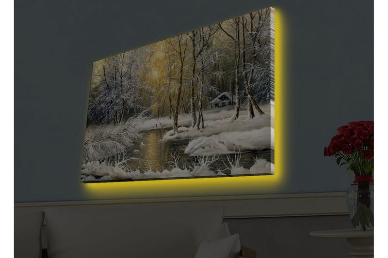 Canvastavla med LED-belysning - Vinterlandskap med snöklädda träd och en stilla å - Vit / Ljusblå / Grön - Inredning - Tavlor & konst - Canvastavlor