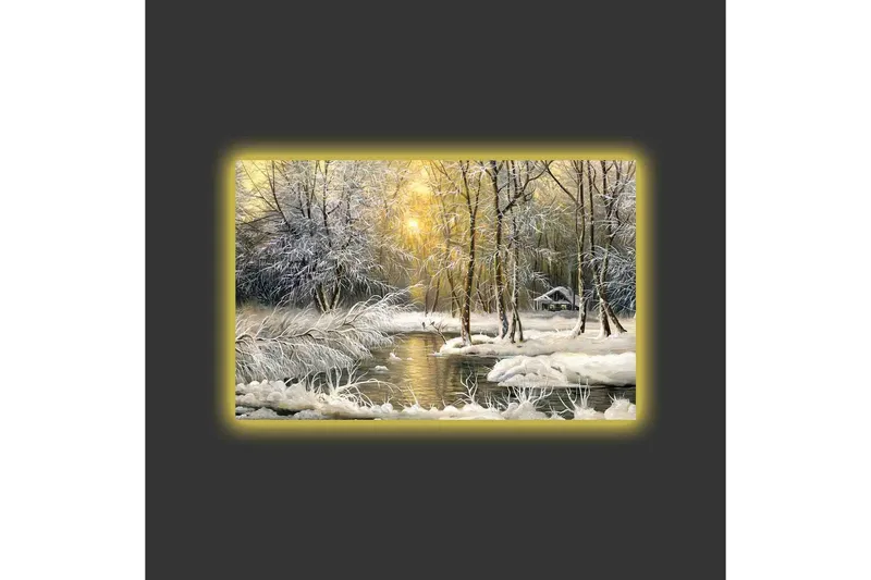Canvastavla med LED-belysning - Vinterlandskap med snöklädda träd och en stilla å - Vit / Ljusblå / Grön - Inredning - Tavlor & konst - Canvastavlor