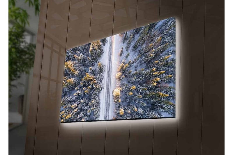 Canvastavla med LED-belysning - Vinterlandskap med snötäckta träd och en väg som sträcker sig genom skogen - Grå / Grön / Gul - Inredning - Tavlor & konst - Canvastavlor