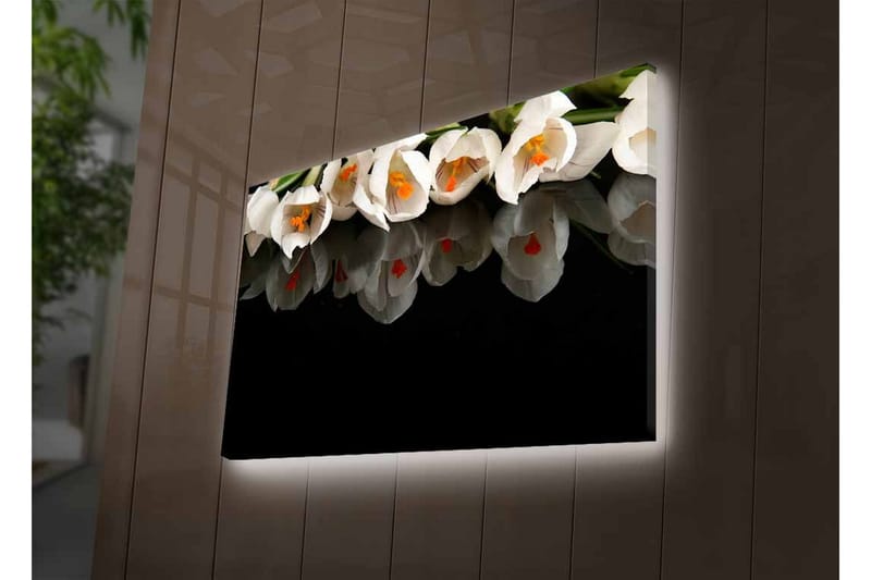 Canvastavla med LED-belysning - Vit blomsterbukett med reflektion på svart bakgrund - Vit / Orange / Grön - Inredning - Tavlor & konst - Canvastavlor