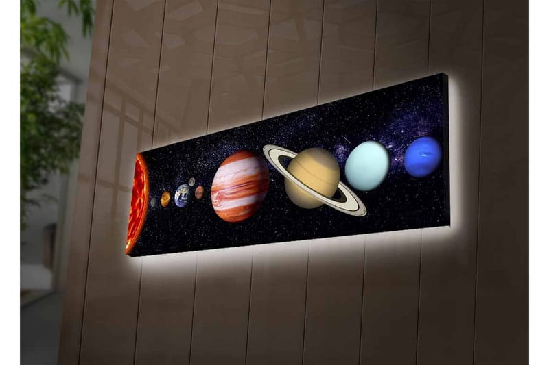 Canvastavla med LED-belysning - Planeter i solsystemet i en stjärnklar bakgrund - Mörkblå / Orange / Beige - Inredning - Tavlor & konst - Canvastavlor