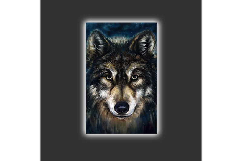 Canvastavla med LED-belysning - Porträtt av en varg med intensiva ögon - Mörkbrun / Beige / Svart - Inredning - Tavlor & konst - Canvastavlor