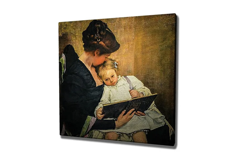 Canvastavla - Moder som läser för sitt barn, Mörkblå / Beige / Vit