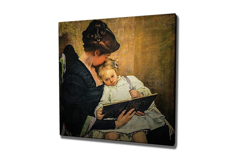 Canvastavla - Moder som läser för sitt barn, Mörkblå / Beige / Vit