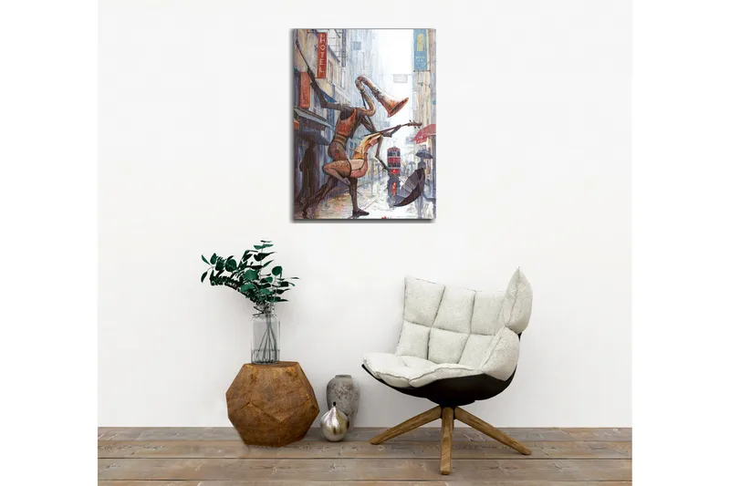 Canvastavla - Musikaliska figurer som dansar i regnet på en stadsgata - Röd / Brun / Grå - Inredning - Tavlor & konst - Canvastavlor