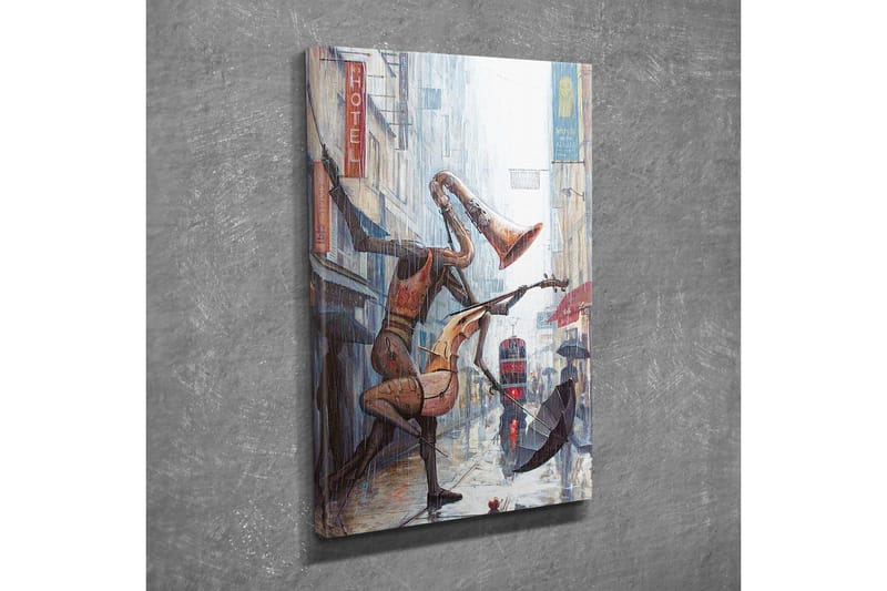 Canvastavla - Musikaliska figurer som dansar i regnet på en stadsgata - Röd / Brun / Grå - Inredning - Tavlor & konst - Canvastavlor