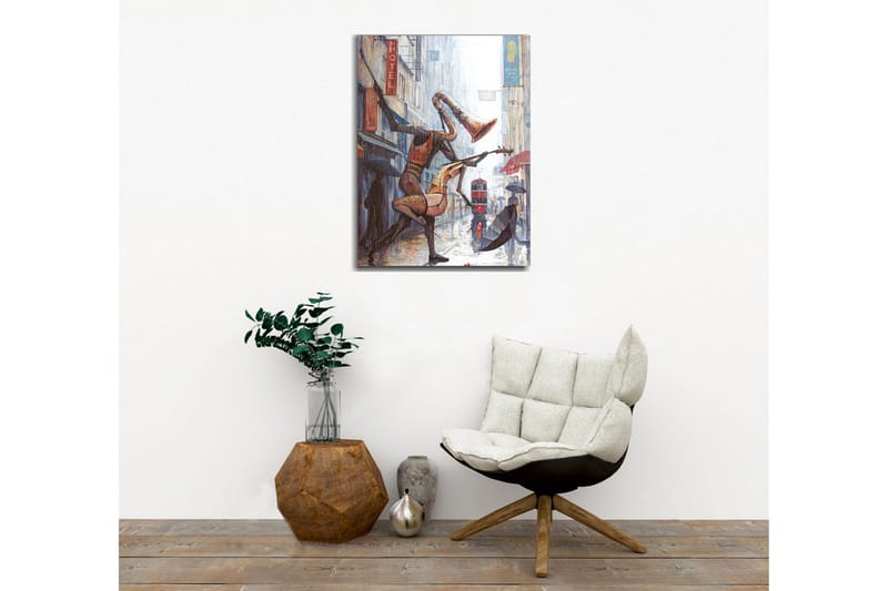 Canvastavla - Musikaliska figurer som dansar i regnet på en stadsgata - Röd / Brun / Grå - Inredning - Tavlor & konst - Canvastavlor