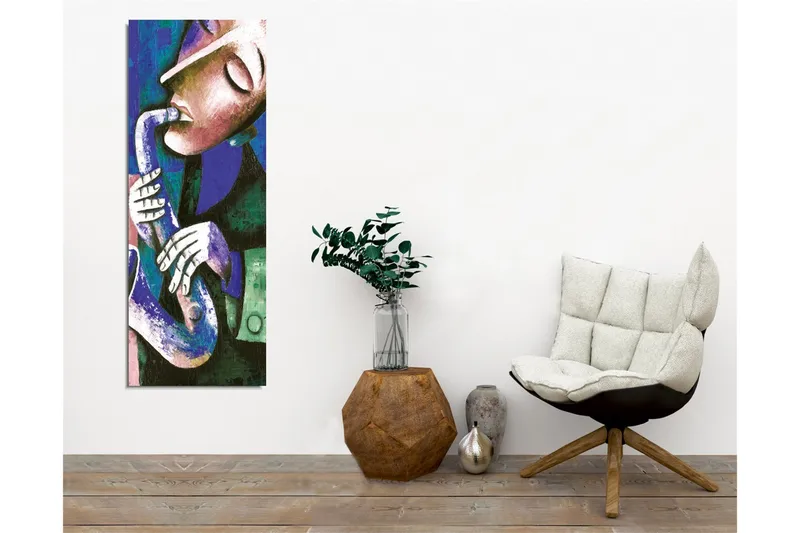 Canvastavla - Musiker som spelar saxofon med uttrycksfulla drag - Mörkblå / Grön / Vit - Inredning - Tavlor & konst - Canvastavlor