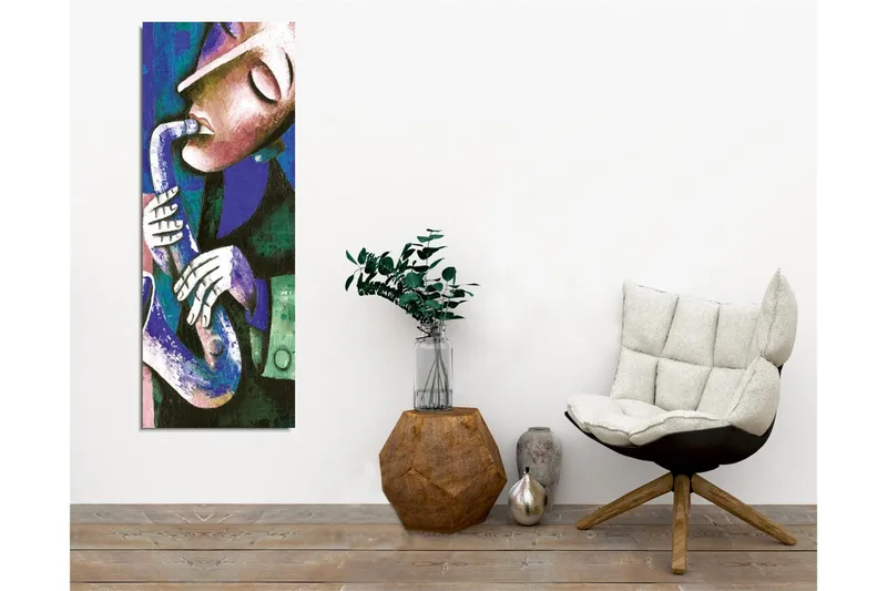 Canvastavla - Musiker som spelar saxofon med uttrycksfulla drag - Mörkblå / Grön / Vit - Inredning - Tavlor & konst - Canvastavlor