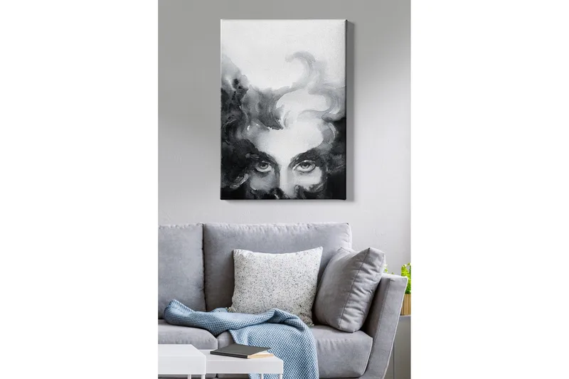 Canvastavla - Mystisk ansikte med intensiva ögon i en dimmig komposition - Svart / Grå / Vit - Inredning - Tavlor & konst - Canvastavlor
