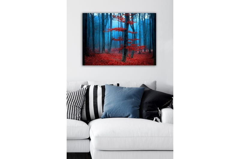 Canvastavla - Mystisk skog med röda träd i dimma - Röd / Blå / Grå - Inredning - Tavlor & konst - Canvastavlor