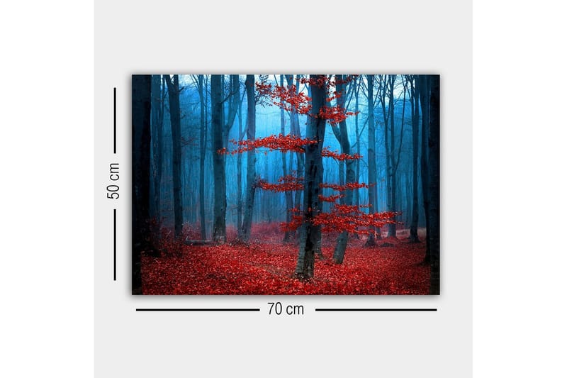 Canvastavla - Mystisk skog med röda träd i dimma - Röd / Blå / Grå - Inredning - Tavlor & konst - Canvastavlor