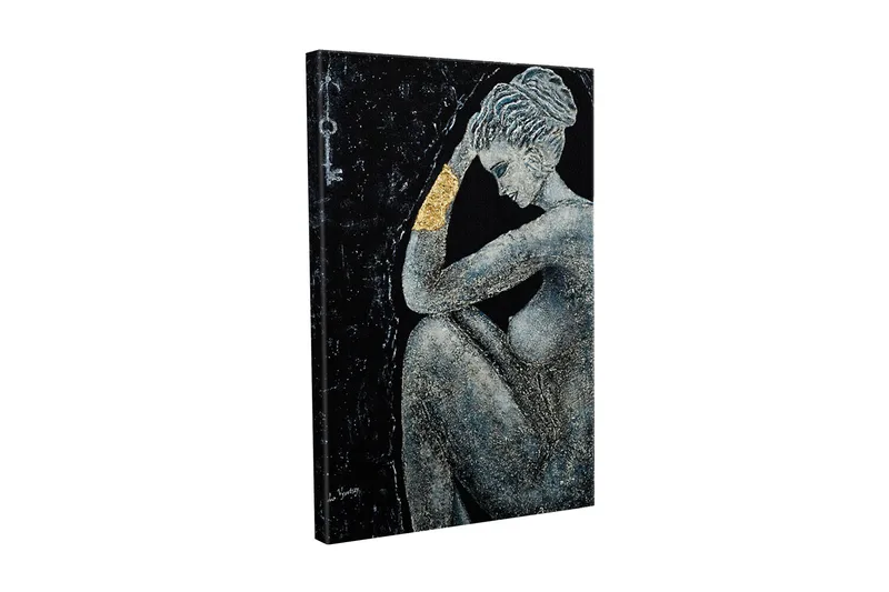 Canvastavla - Naken kvinna i en eftertänksam pose med en gyllene detalj på armen, Svart / Grå / Guld