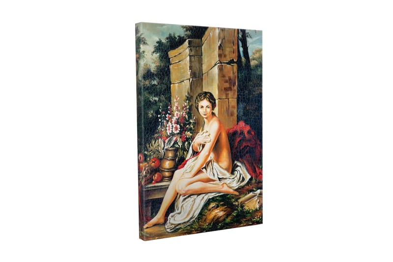 Canvastavla - Naken kvinna sittande vid en blomsterbukett och en kruka, Hudton / Grön / Röd