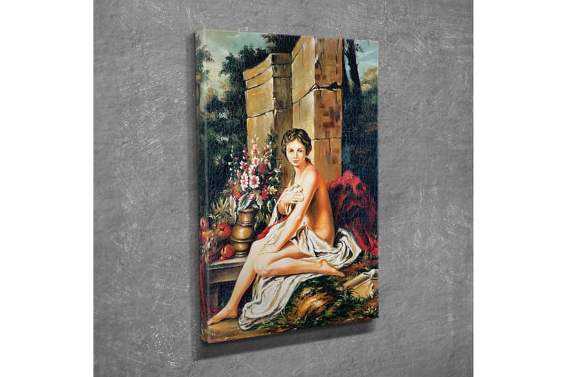 Canvastavla - Naken kvinna sittande vid en blomsterbukett och en kruka - Hudton / Grön / Röd - Inredning - Tavlor & konst - Canvastavlor