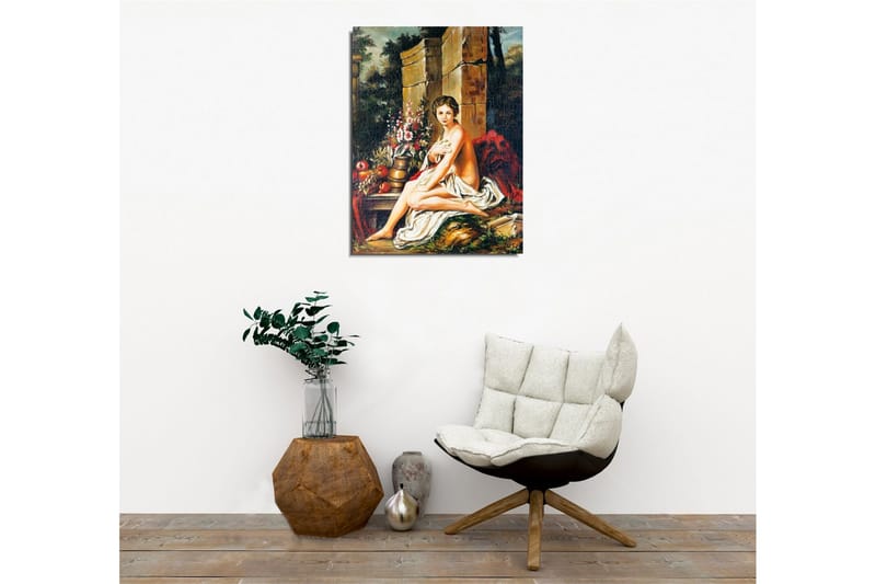 Canvastavla - Naken kvinna sittande vid en blomsterbukett och en kruka - Hudton / Grön / Röd - Inredning - Tavlor & konst - Canvastavlor