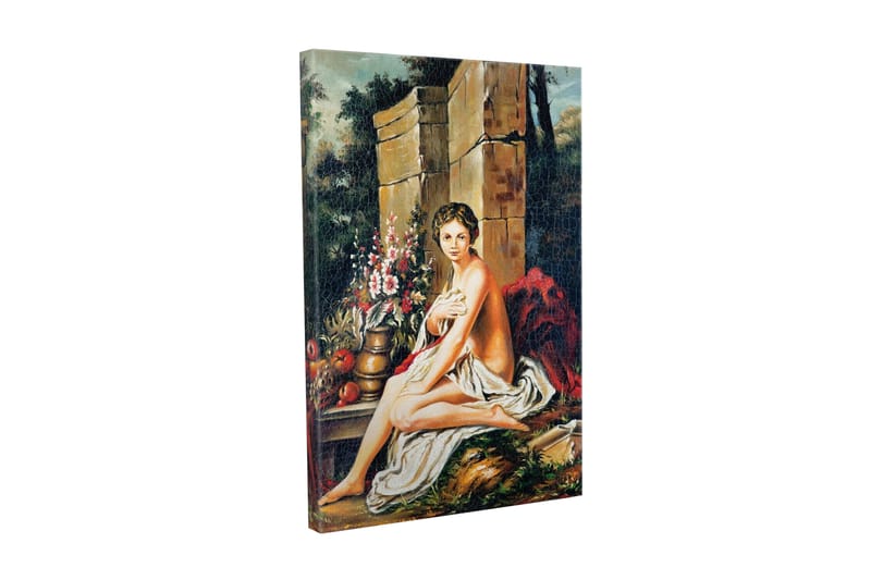Canvastavla - Naken kvinna sittande vid en blomsterbukett och en kruka, Hudton / Grön / Röd