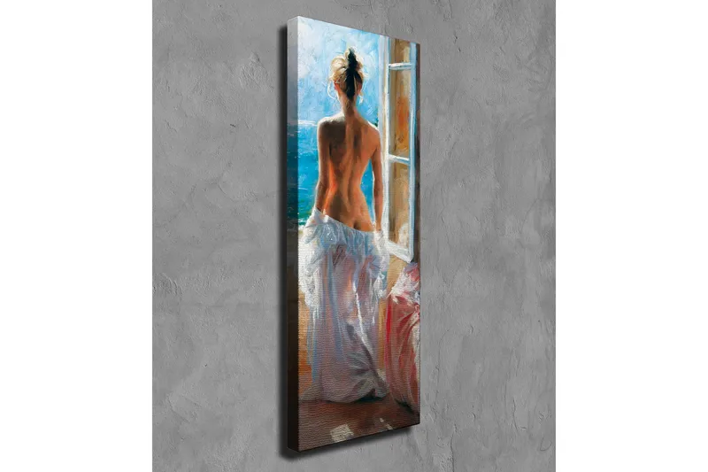 Canvastavla - Naken kvinna som står vid ett fönster med utsikt över havet - Blå / Vit / Beige - Inredning - Tavlor & konst - Canvastavlor