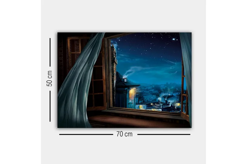 Canvastavla - Nattutsikt genom ett öppet fönster med stjärnor och stadsljus - Mörkblå / Ljusblå / Grå - Inredning - Tavlor & konst - Canvastavlor