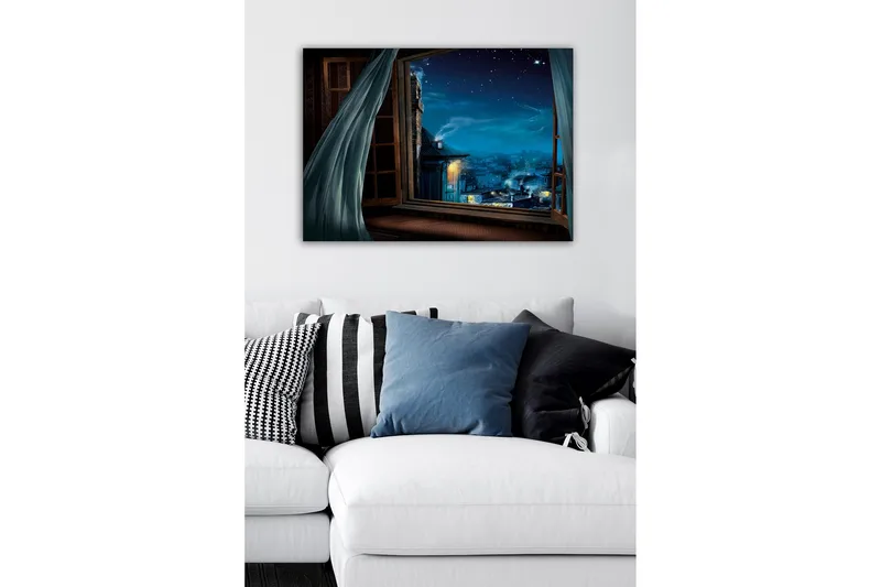 Canvastavla - Nattutsikt genom ett öppet fönster med stjärnor och stadsljus - Mörkblå / Ljusblå / Grå - Inredning - Tavlor & konst - Canvastavlor