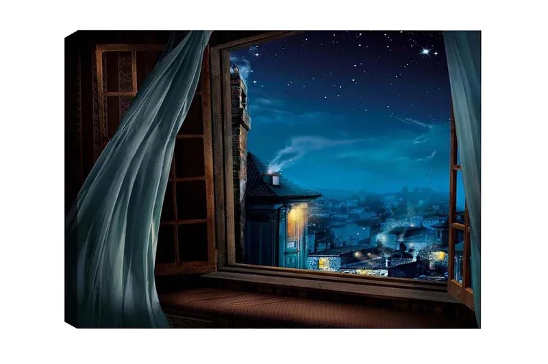 Canvastavla - Nattutsikt genom ett öppet fönster med stjärnor och stadsljus, Mörkblå / Ljusblå / Grå