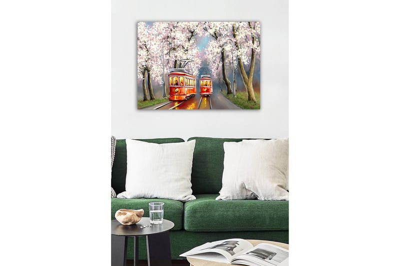 Canvastavla - Röda spårvagnar under blommande körsbärsträd - Röd / Rosa / Grön - Inredning - Tavlor & konst - Canvastavlor
