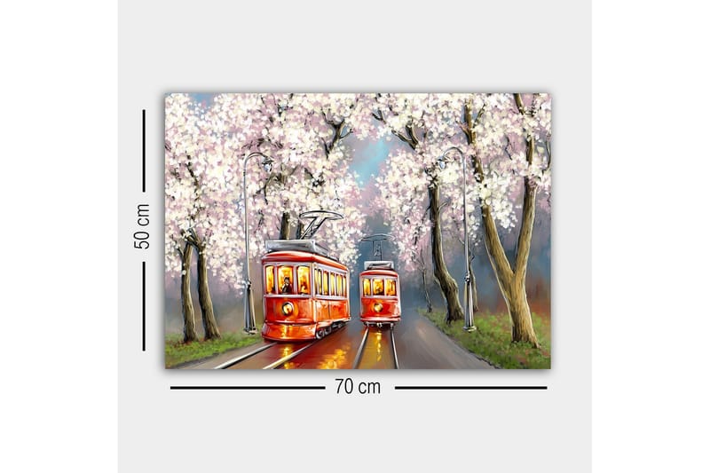 Canvastavla - Röda spårvagnar under blommande körsbärsträd - Röd / Rosa / Grön - Inredning - Tavlor & konst - Canvastavlor