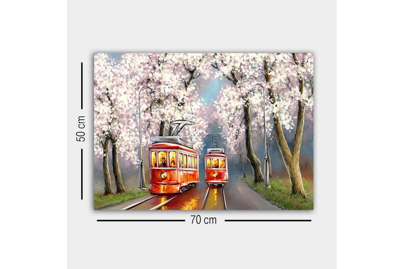 Canvastavla - Röda spårvagnar under blommande körsbärsträd - Röd / Rosa / Gr ön - Inredning - Tavlor & konst - Canvastavlor
