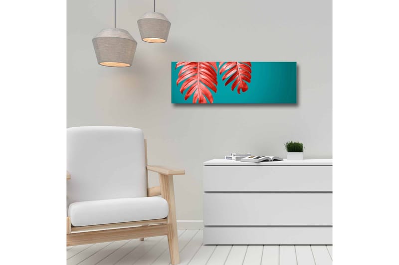 Canvastavla - Röda palmblad mot en turkos bakgrund - Röd / Turkos - Inredning - Tavlor & konst - Canvastavlor
