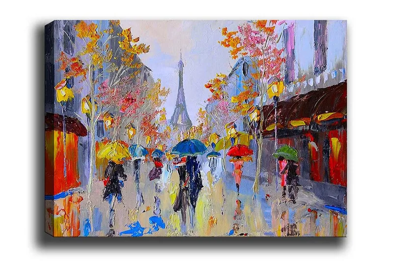 Canvastavla - Regnig gatubild med människor under paraplyer i en stadsmiljö, Gult / Rött / Blått