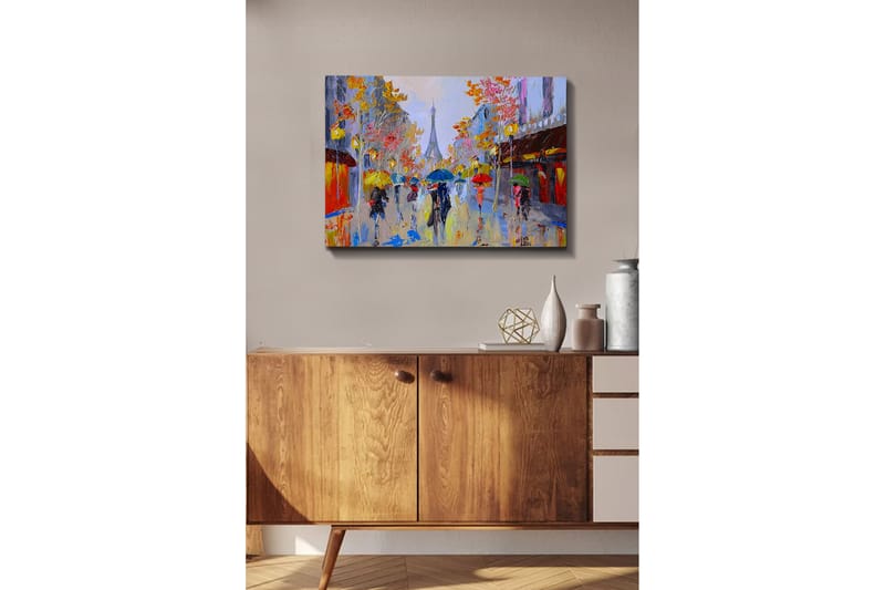 Canvastavla - Regnig gatubild med människor under paraplyer i en stadsmiljö - Gult / Rött / Blått - Inredning - Tavlor & konst - Canvastavlor