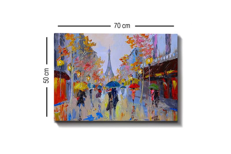 Canvastavla - Regnig gatubild med människor under paraplyer i en stadsmiljö - Gult / Rött / Blått - Inredning - Tavlor & konst - Canvastavlor
